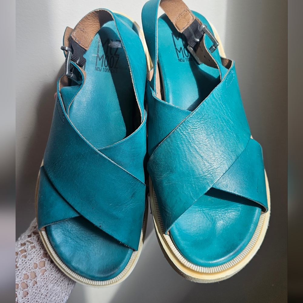 Miz Mooz Teal Cross-Strap Leather Slingback Sandals Size 38 (7 1/2)